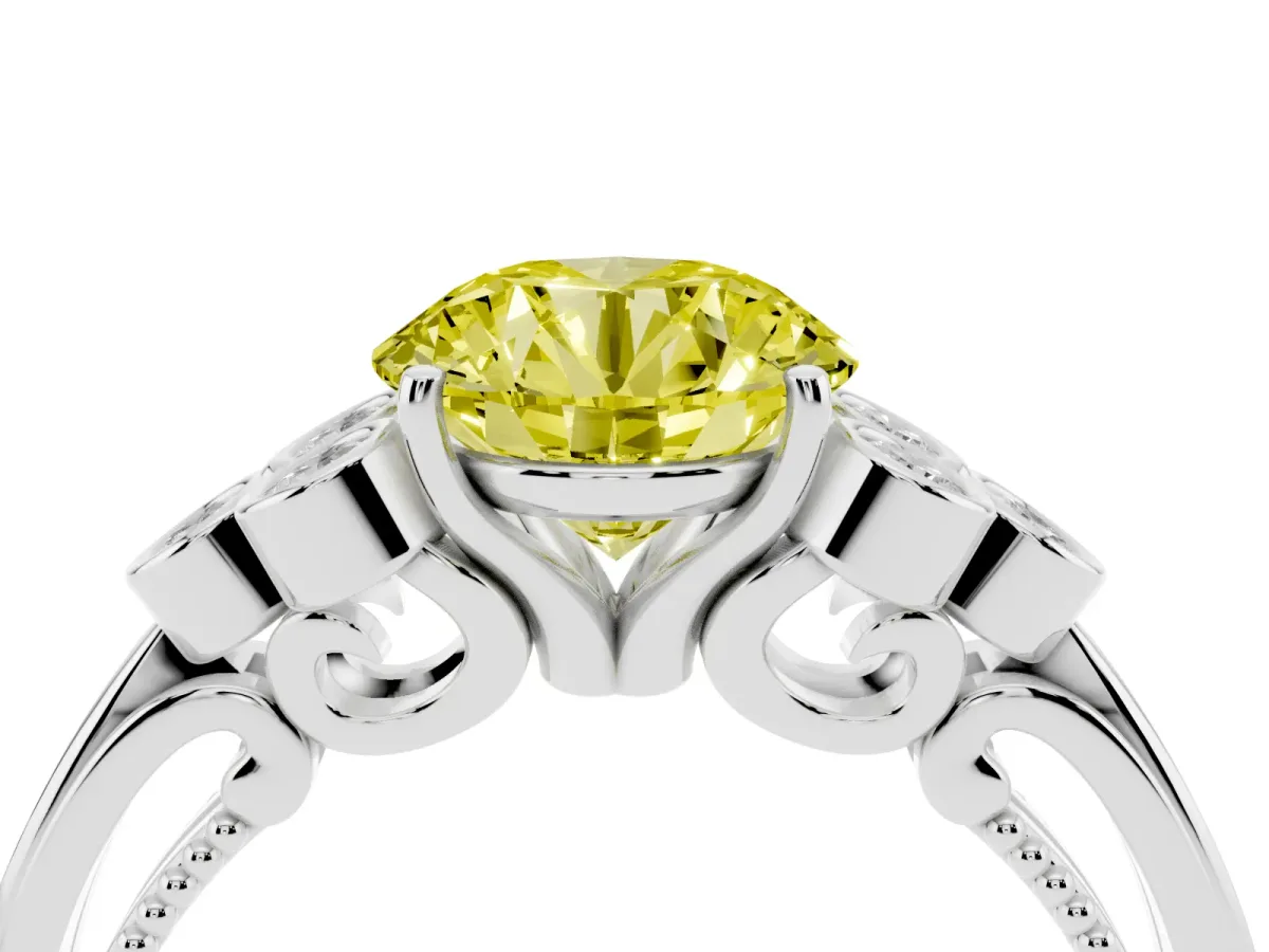 Fancy Yellow Round Cut Cut Diamond Engagement Ring with Bezel Set Round Side Stones and Prong Setting Silver