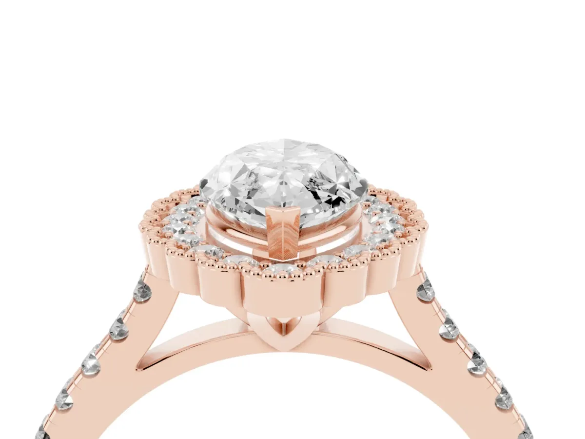 Marquise Cut Cut Diamond Milgrain Floral Halo Engagement Ring with Pavé Band Rose gold