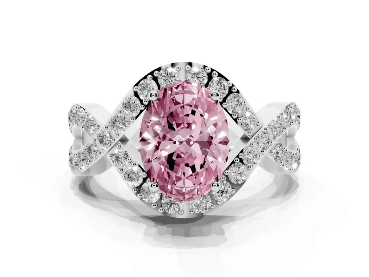 Fancy Pink Oval Cut Solitaire Twist Band Pavé Diamond Engagement Ring Silver