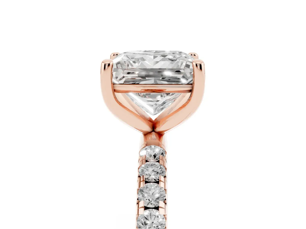 Princess Cut Cut Diamond Solitaire Ring with Micro Pave Band and Four Prong Setting Rose gold