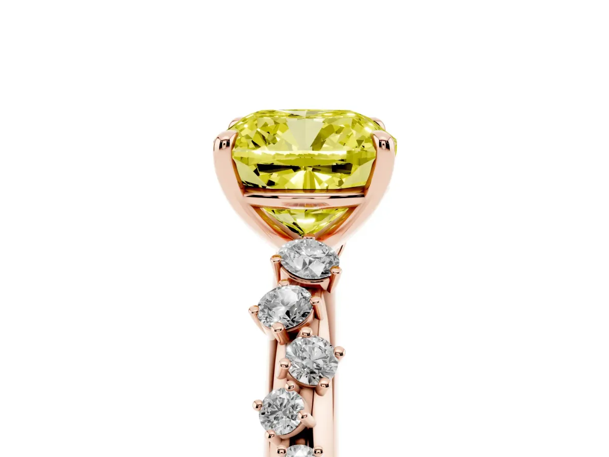 Fancy Yellow Cushion Cut Diamond Cluster Prong-Set Solitaire Ring Rose gold