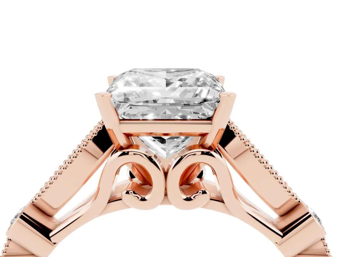 Princess Cut Cut Diamond with Milgrain Marquise and Bezel Accents on a Solitaire Band with Prong Setting Rose gold