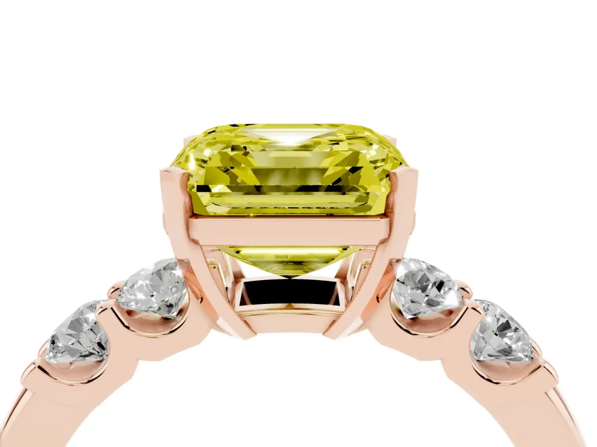 Fancy Yellow Asscher Cut Brilliant Cut Diamond Five-Stone Prong Set Engagement Ring with Channel Band Rose gold