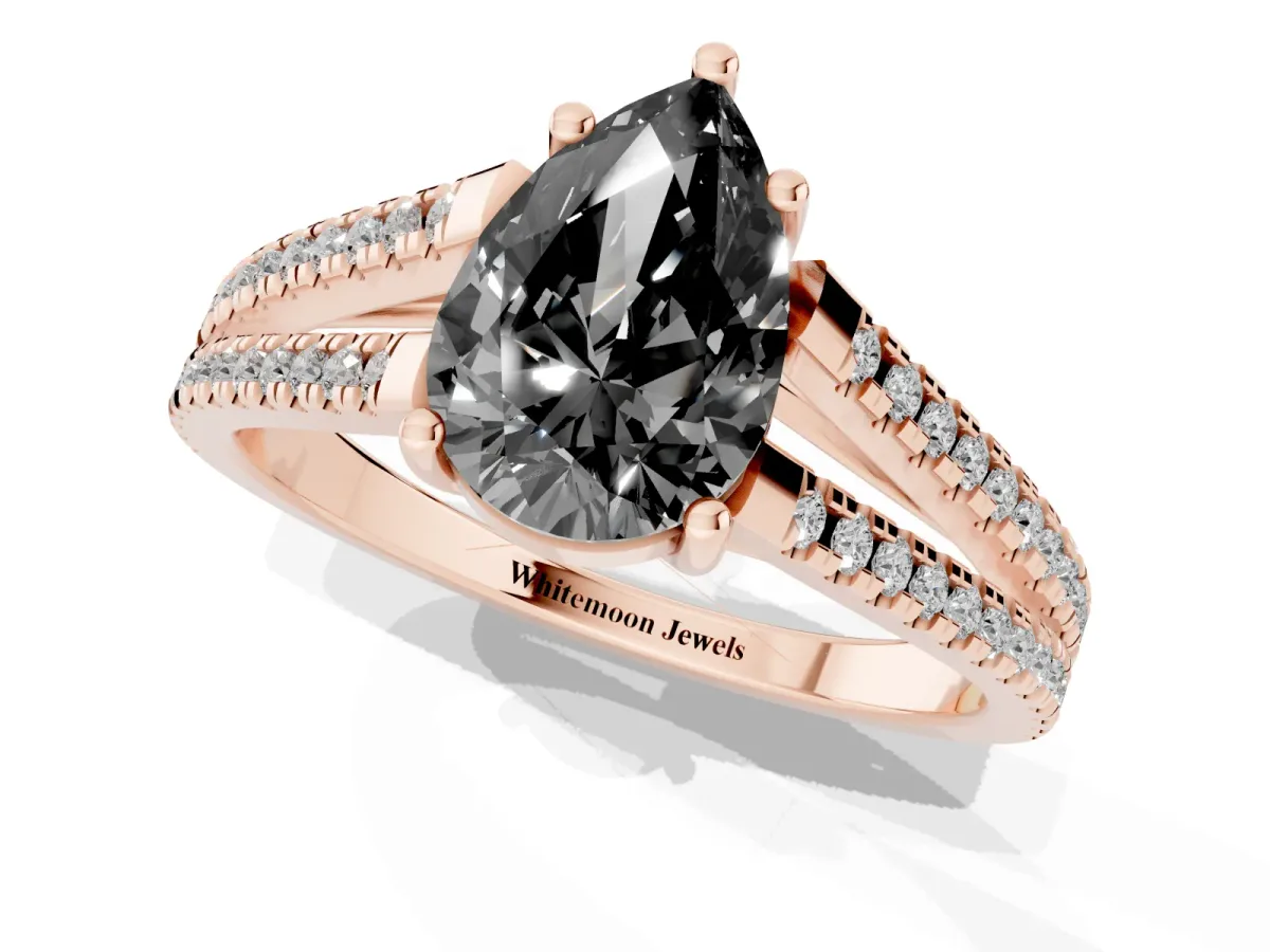 Fancy Black Pear Cut Diamond Solitaire Engagement Ring with Split Shank Pavé Band Rose gold