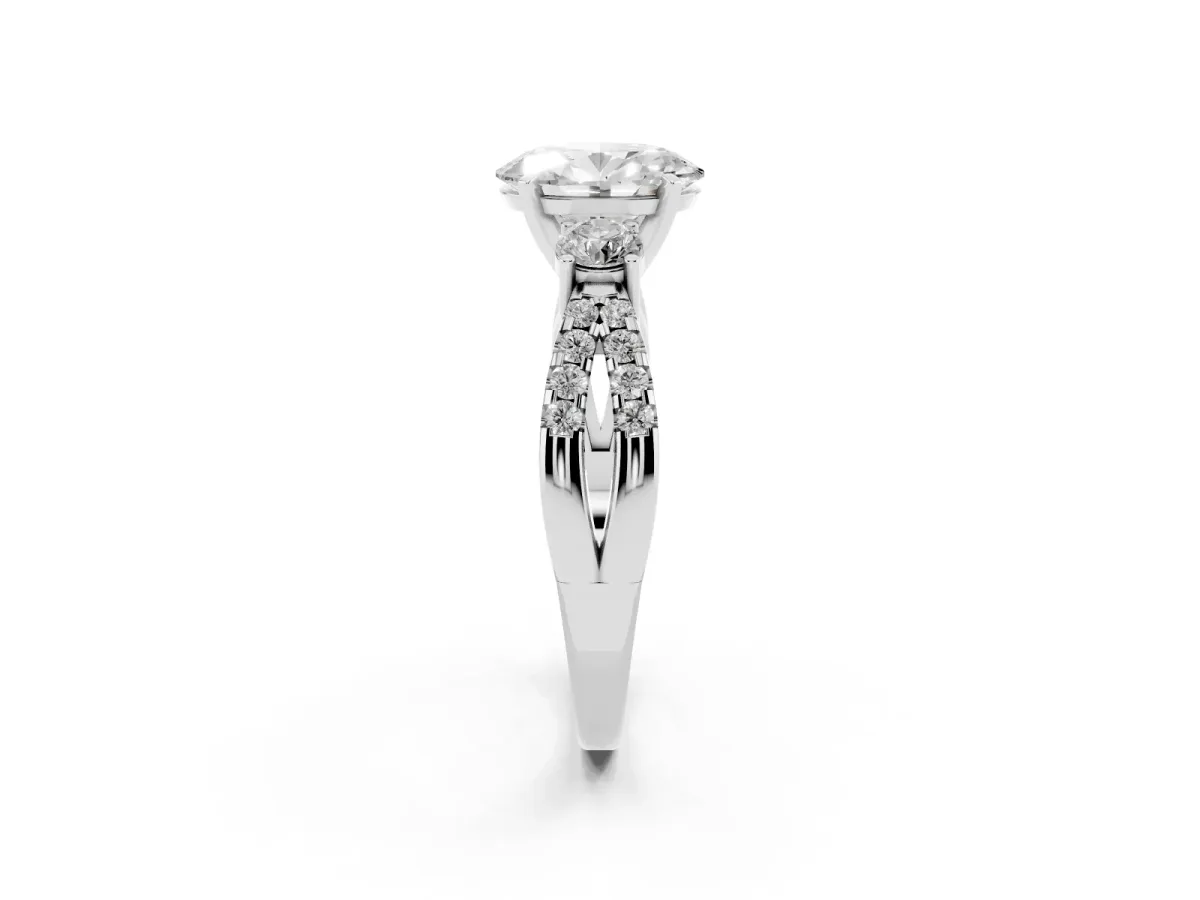 Oval Cut Diamond Three-Stone Ring with Pavé Split Shank and Four-Prong Setting Platinum