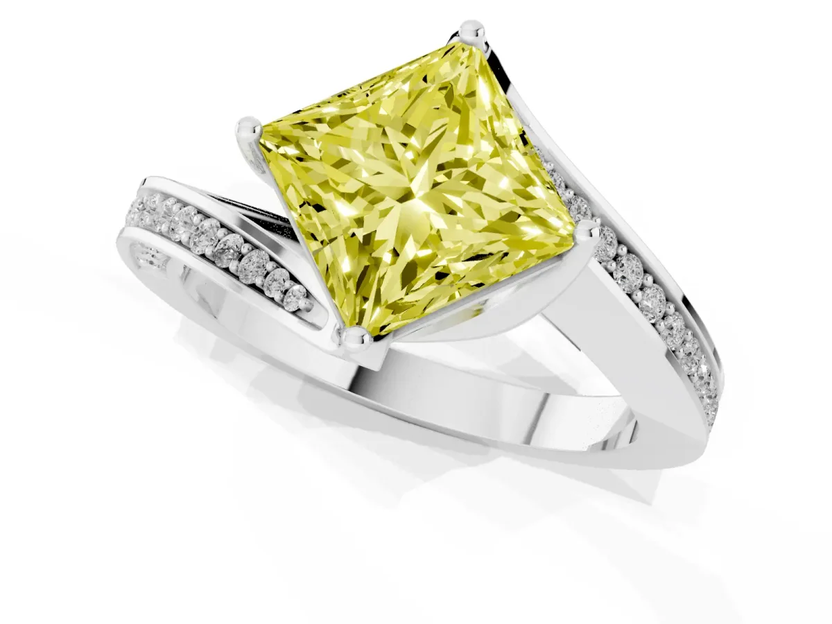 Fancy Yellow Princess Cut Solitaire Diamond Twist Band with Pavé Setting and Four-Prong Setting White gold
