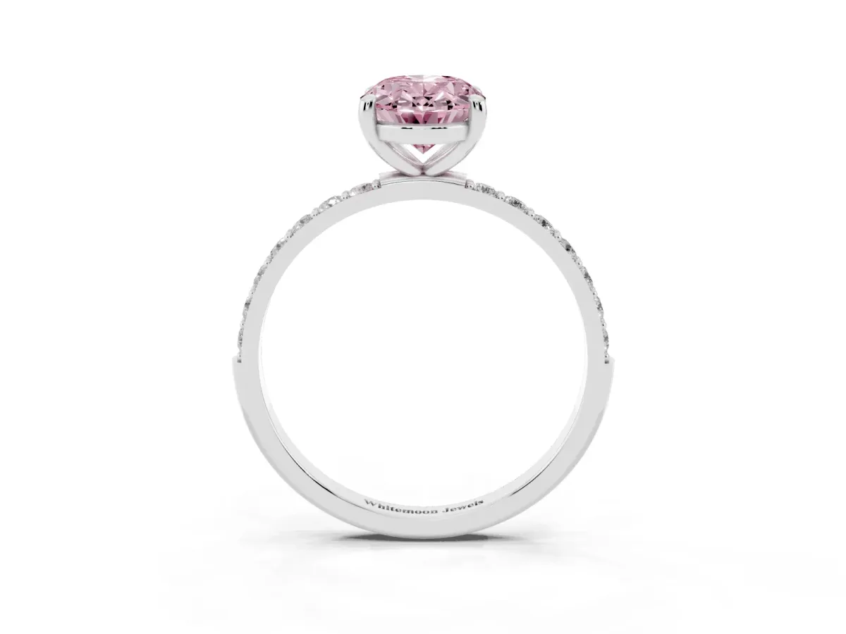 Fancy Pink Oval Cut Diamond Solitaire Ring with Round Pavé Band and Prong Setting Silver
