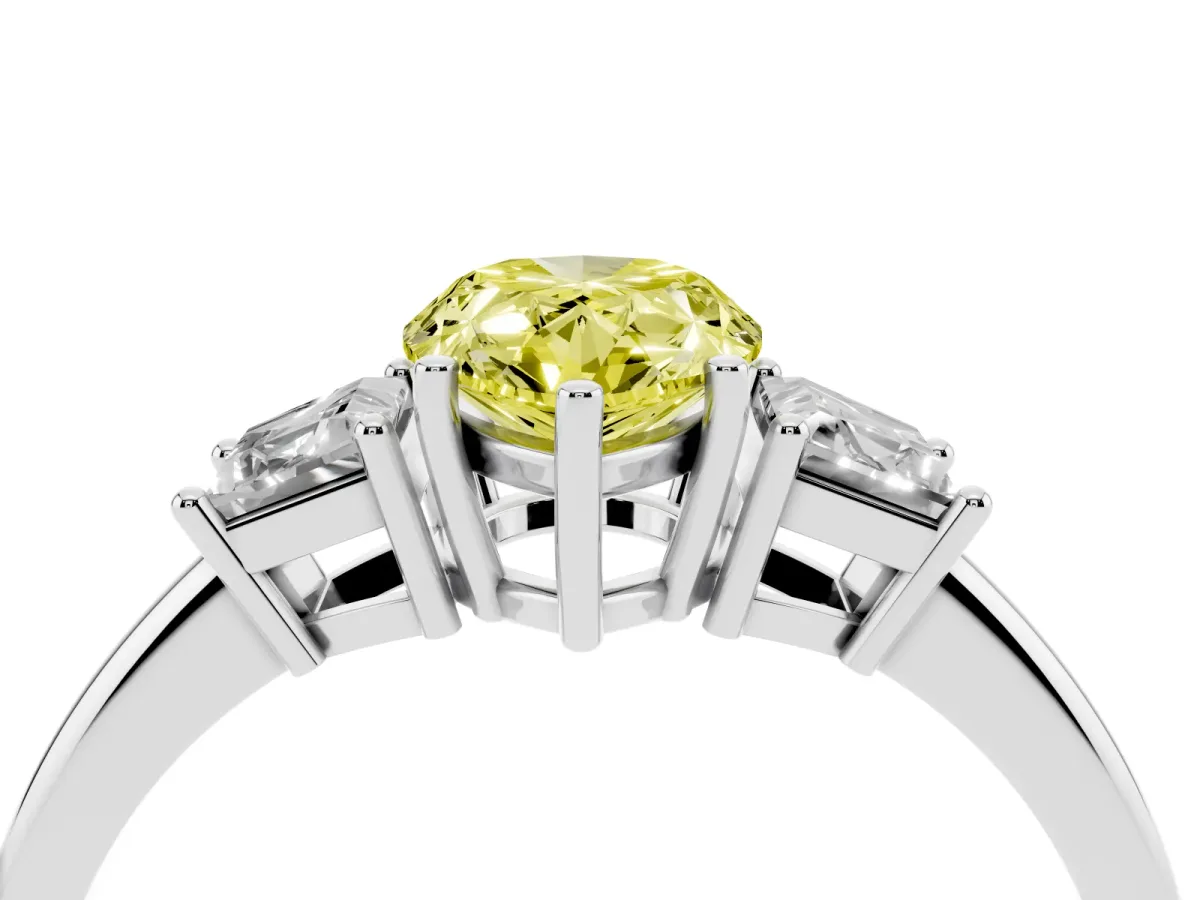 Fancy Yellow Pear Cut Diamond Three-Stone Ring with Trapezoid Side Stones and Prong Setting Platinum