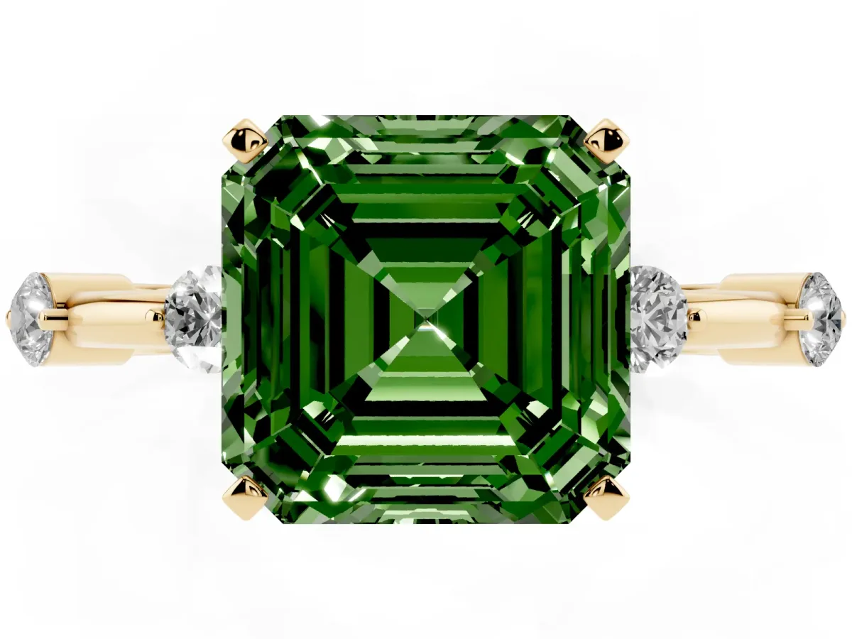 Fancy Green Asscher Cut Solitaire Diamond Ring with Bezel Set Side Stones and Prong Setting Yellow gold