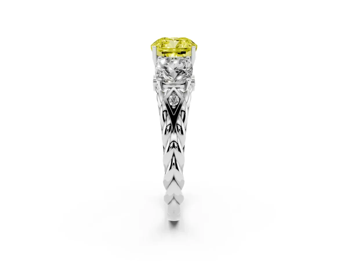 Fancy Yellow Three-Stone Cushion Cut Diamond Braided Band Ring with Four-Prong Setting Silver