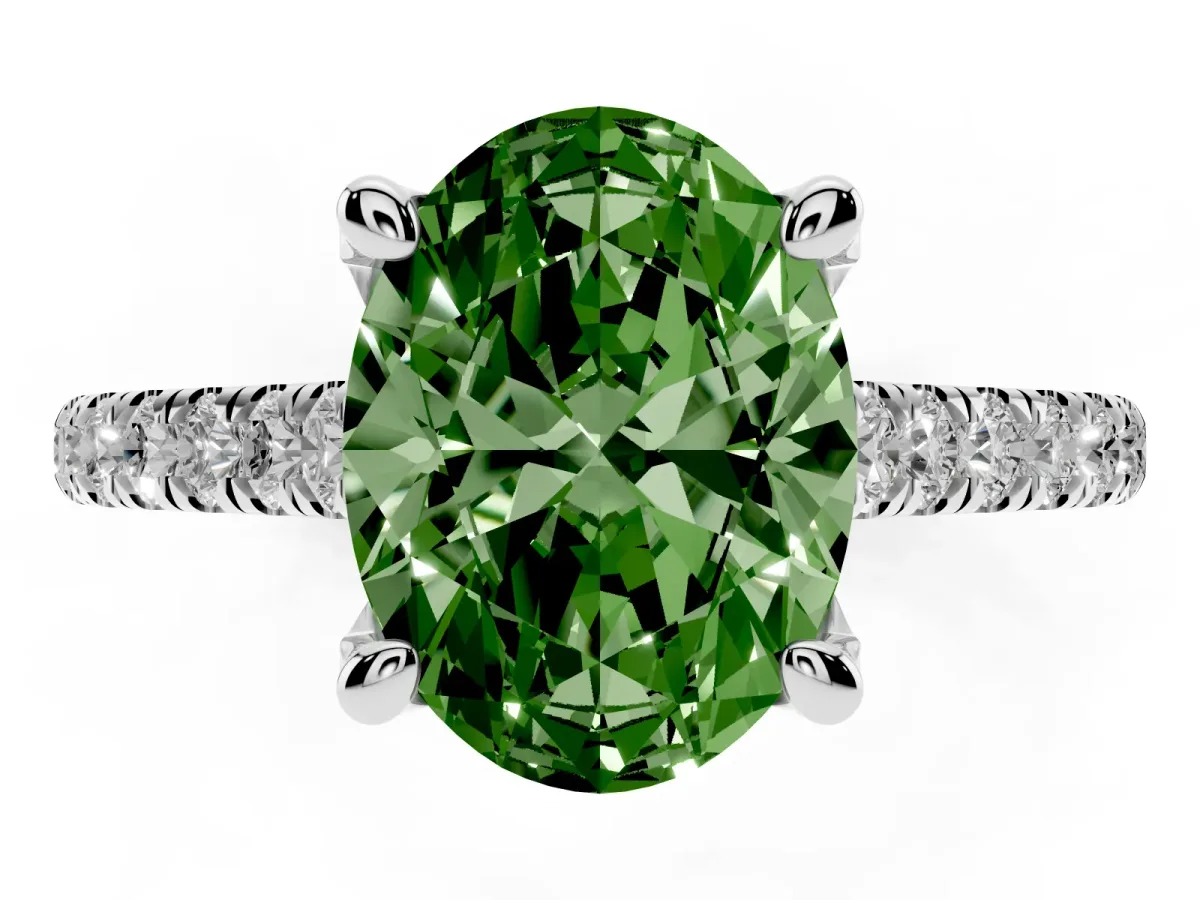 Fancy Green Oval Cut Brilliant Diamond Solitaire with Pavé Band and Four-Prong Setting Silver