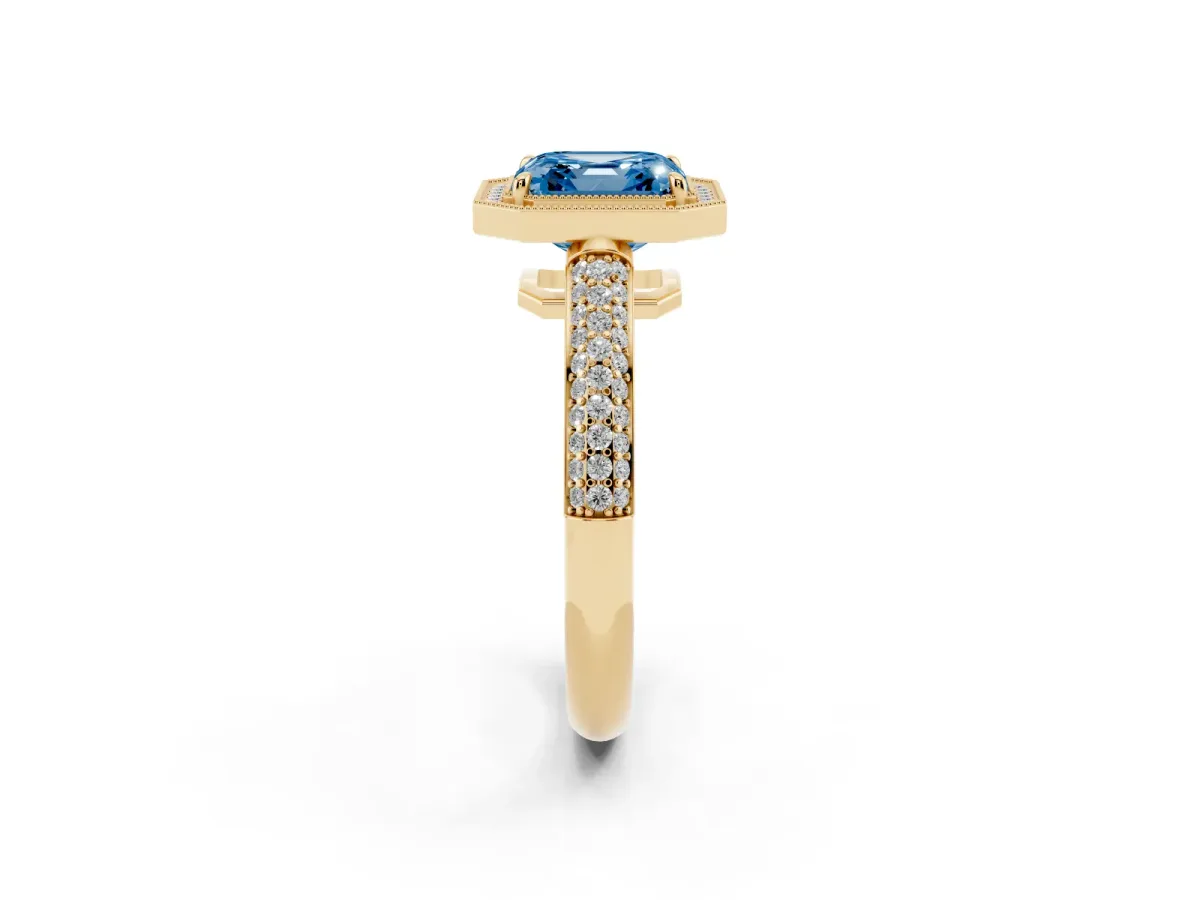 Fancy Blue Asscher Cut Cut Halo Diamond Pave Band with Four-Prong Setting Yellow gold
