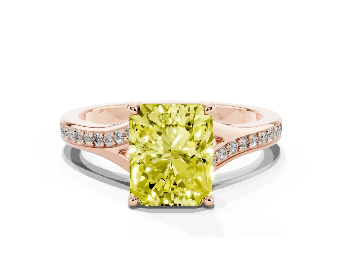 Fancy Yellow Radiant Cut Diamond Solitaire Ring with Pavé Band and Prong Setting Rose gold