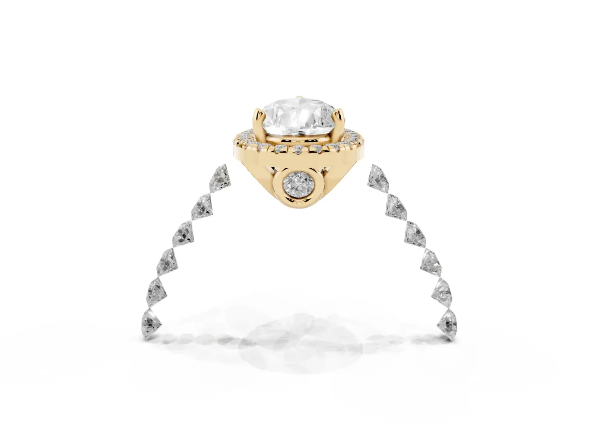 Pear Cut Halo Pavé Diamond Engagement Ring with Four-Prong Setting Yellow gold