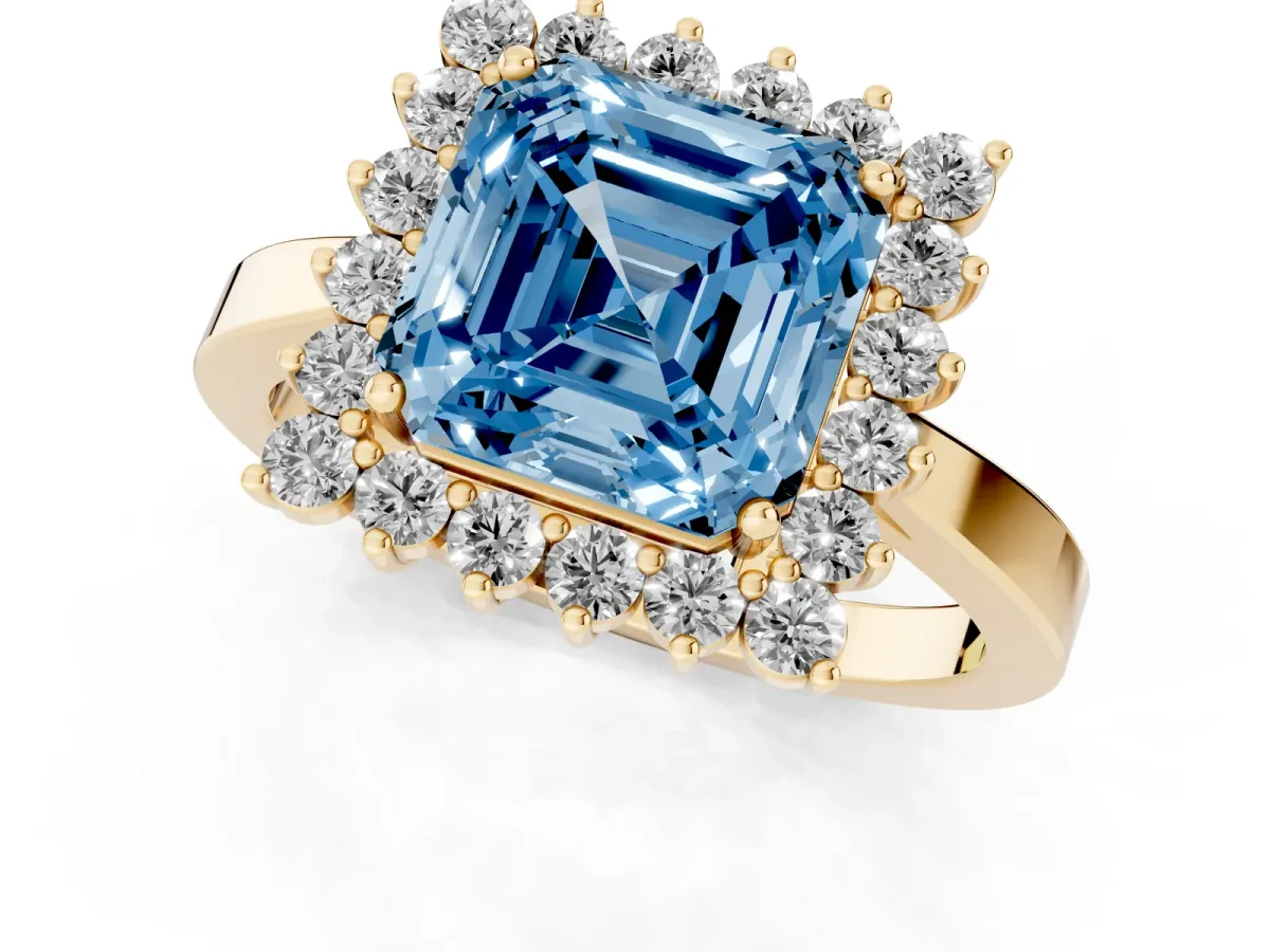 Fancy Blue Asscher Cut Cut Diamond Halo Ring with Round Brilliant Halo and Solitaire Band Yellow gold