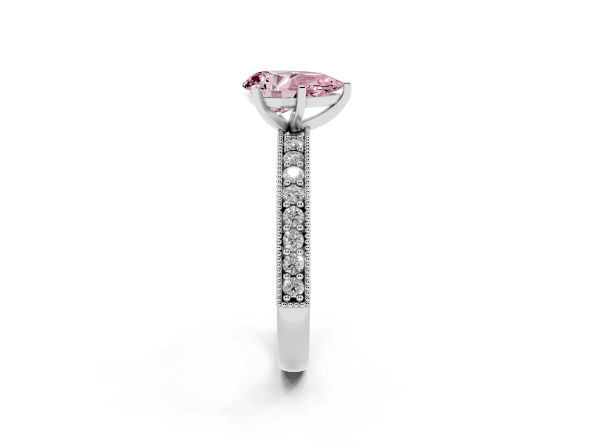 Fancy Pink Pear Cut Diamond Milgrain Pavé Engagement Ring with Four-Prong Setting Silver