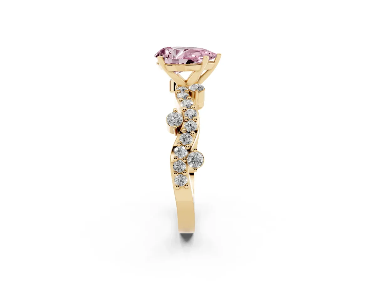 Fancy Pink Pear Cut Cut Solitaire Diamond Twisted Band with Pave Setting Yellow gold