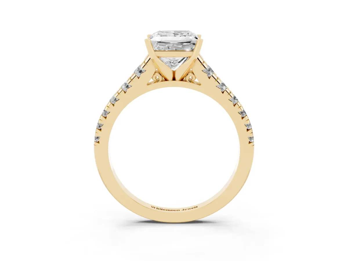 Princess Cut Diamond Cathedral Solitaire Ring with Round Pavé Band Yellow gold