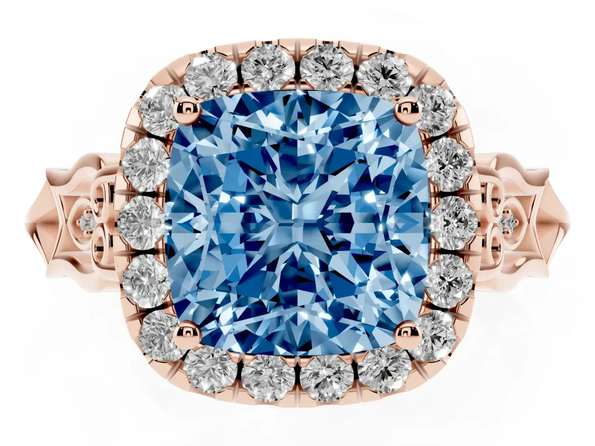 Fancy Blue Cushion Cut Halo Diamond Engagement Ring with Filigree Band and Four-Prong Setting Rose gold