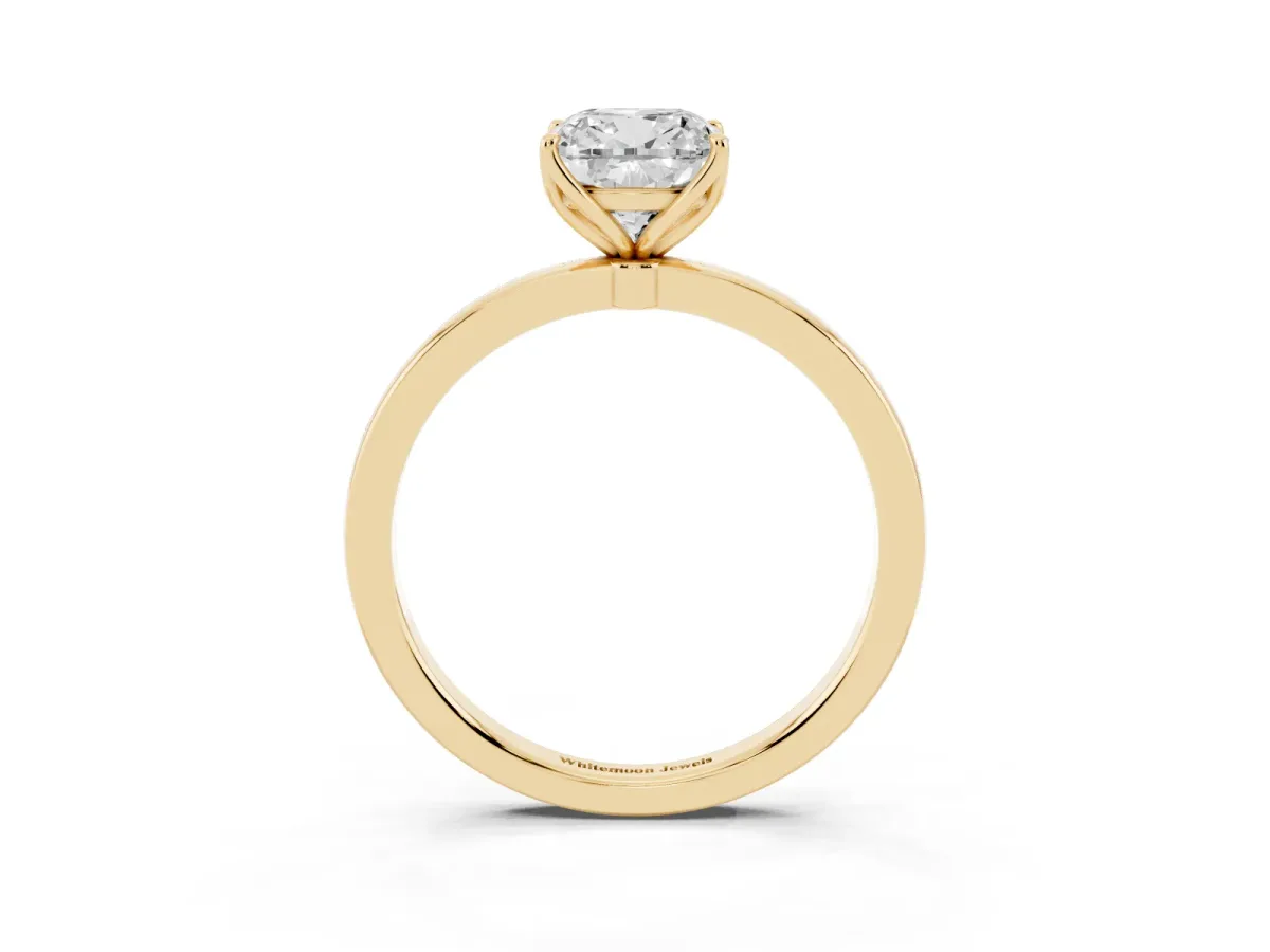 Cushion Cut Diamond Solitaire Ring with Thin Band and Prong Setting Yellow gold