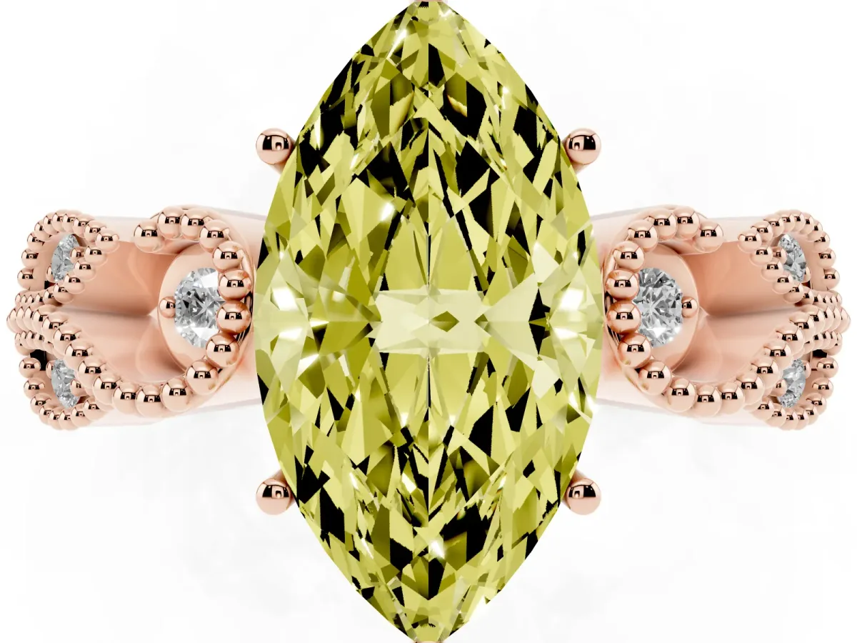Fancy Yellow Marquise Cut Solitaire Milgrain Leaf Band with Prong Setting Rose gold