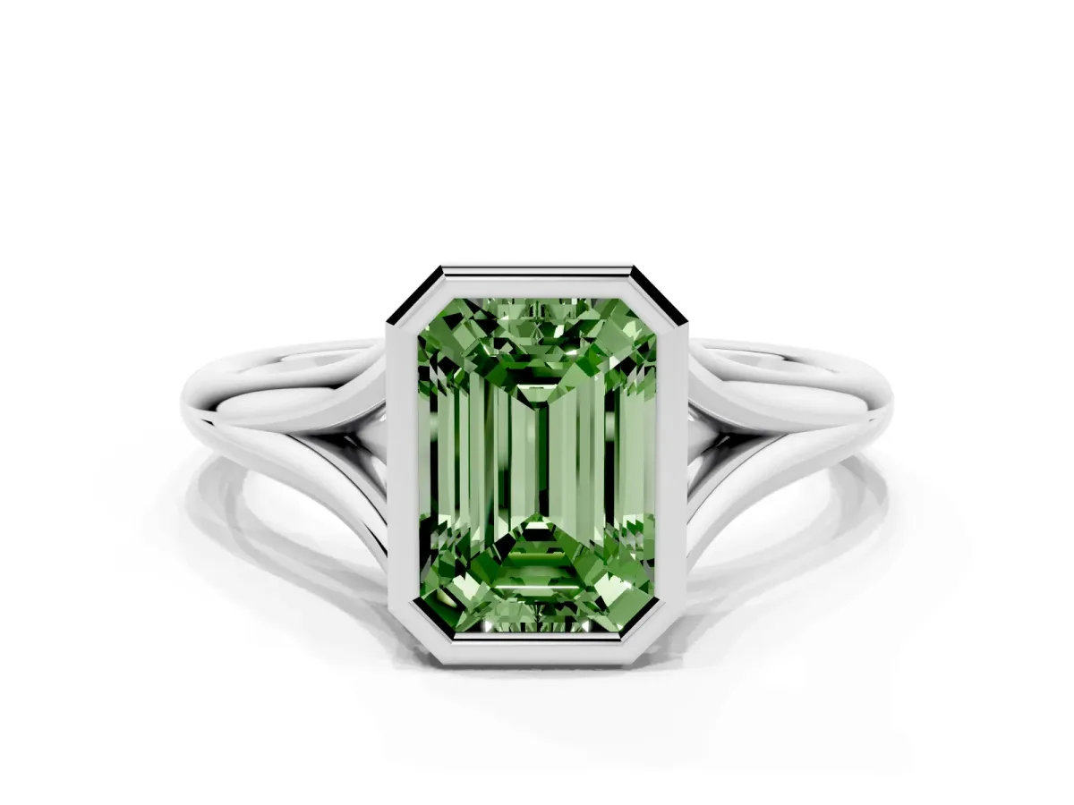 Fancy Green Bezel Set Emerald Cut Cut Solitaire Ring with Tapered Band Silver