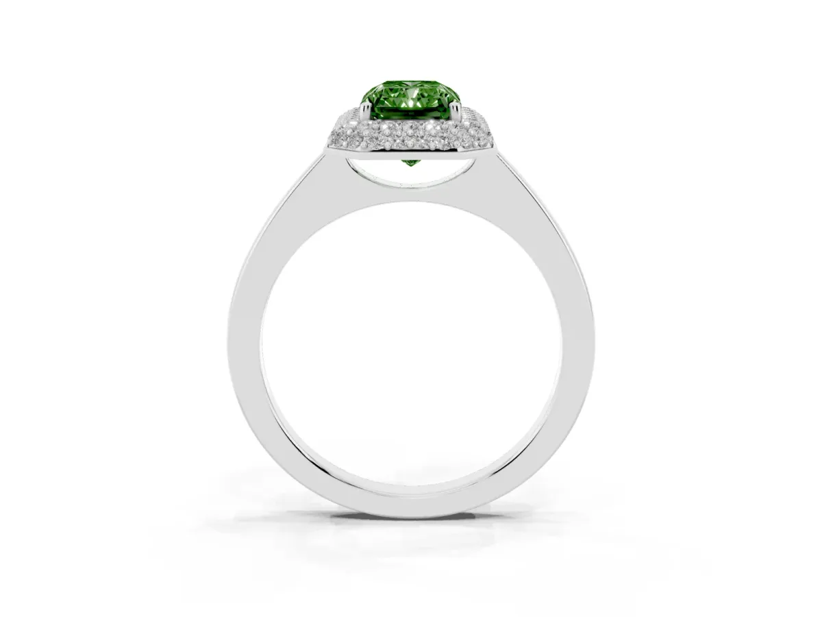 Fancy Green Radiant Cut Halo Diamond Engagement Ring with Solitaire Band and Four-Prong Setting Silver