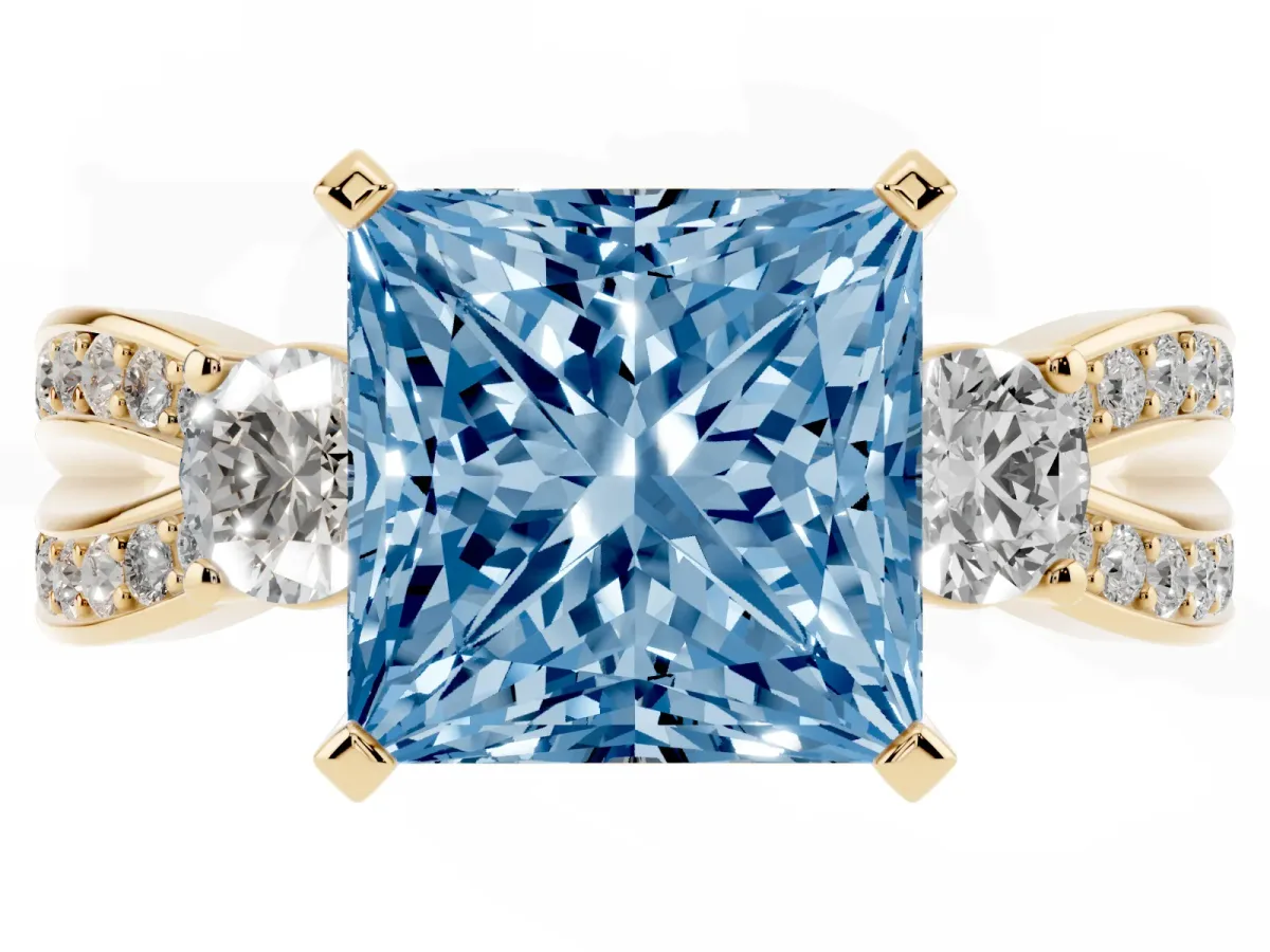 Fancy Blue Three-Stone Princess Cut Cut Diamond Twist Band with Prong Setting Yellow gold