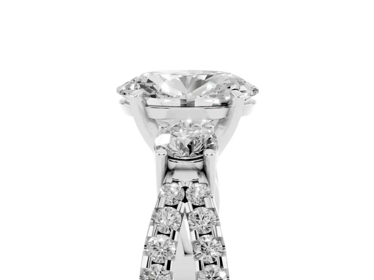 Oval Cut Diamond Three-Stone Ring with Pavé Split Shank and Four-Prong Setting Platinum