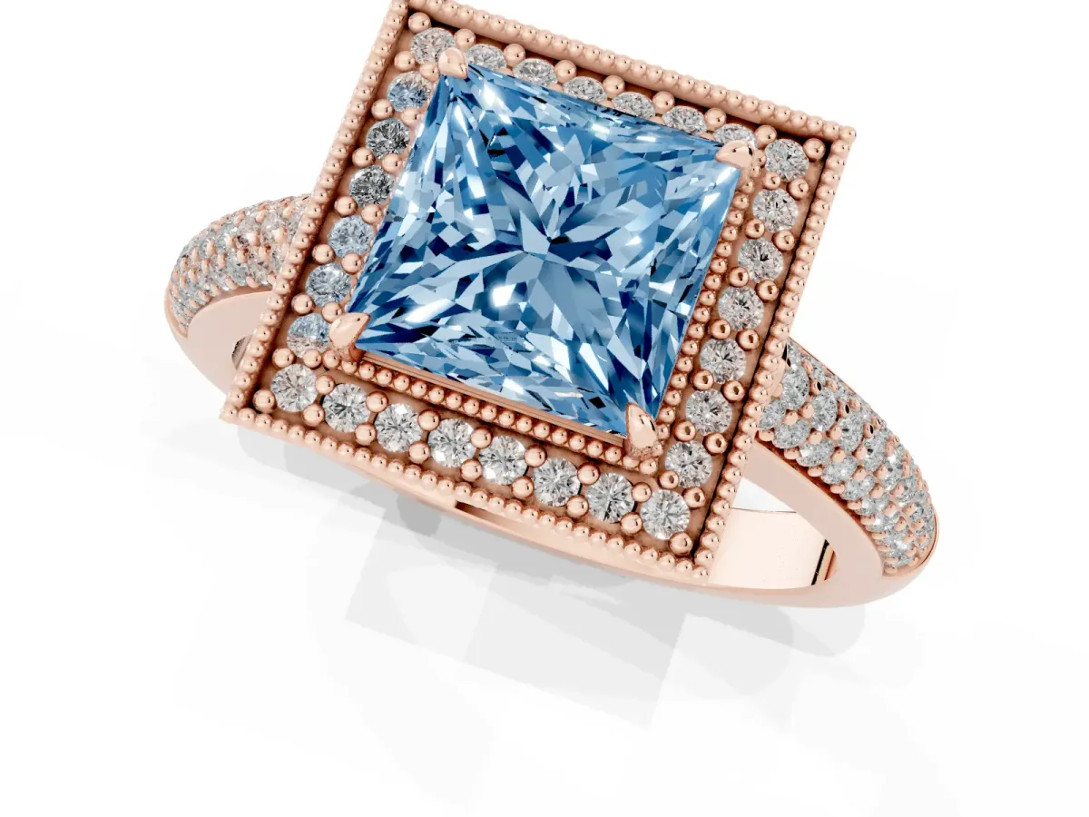 Fancy Blue Princess Cut Cut Halo Diamond Pave Band with Four-Prong Setting Rose gold