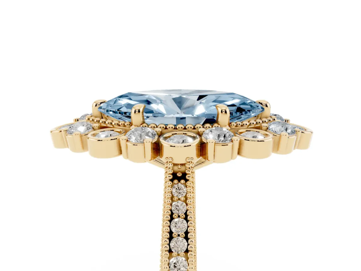 Fancy Blue Marquise Cut Halo Milgrain Pave Diamond Ring with Four-Prong Setting Yellow gold