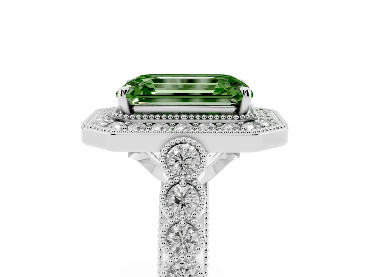 Fancy Green Emerald Cut Halo Milgrain Solitaire with Bezel Set Side Stones and Pave Band Silver