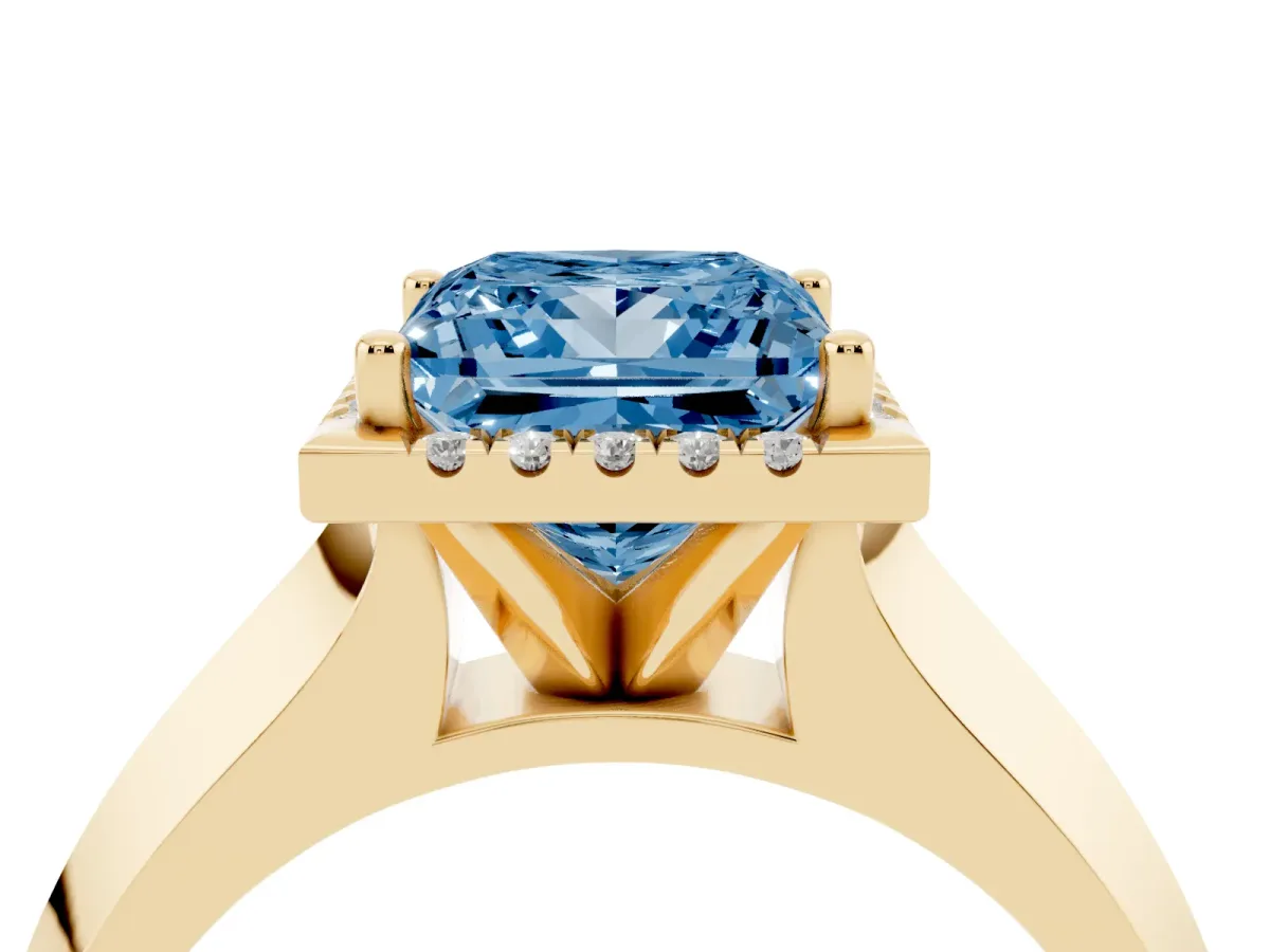 Fancy Blue Princess Cut Halo Diamond Ring with Cathedral Band and Four-Prong Setting Yellow gold
