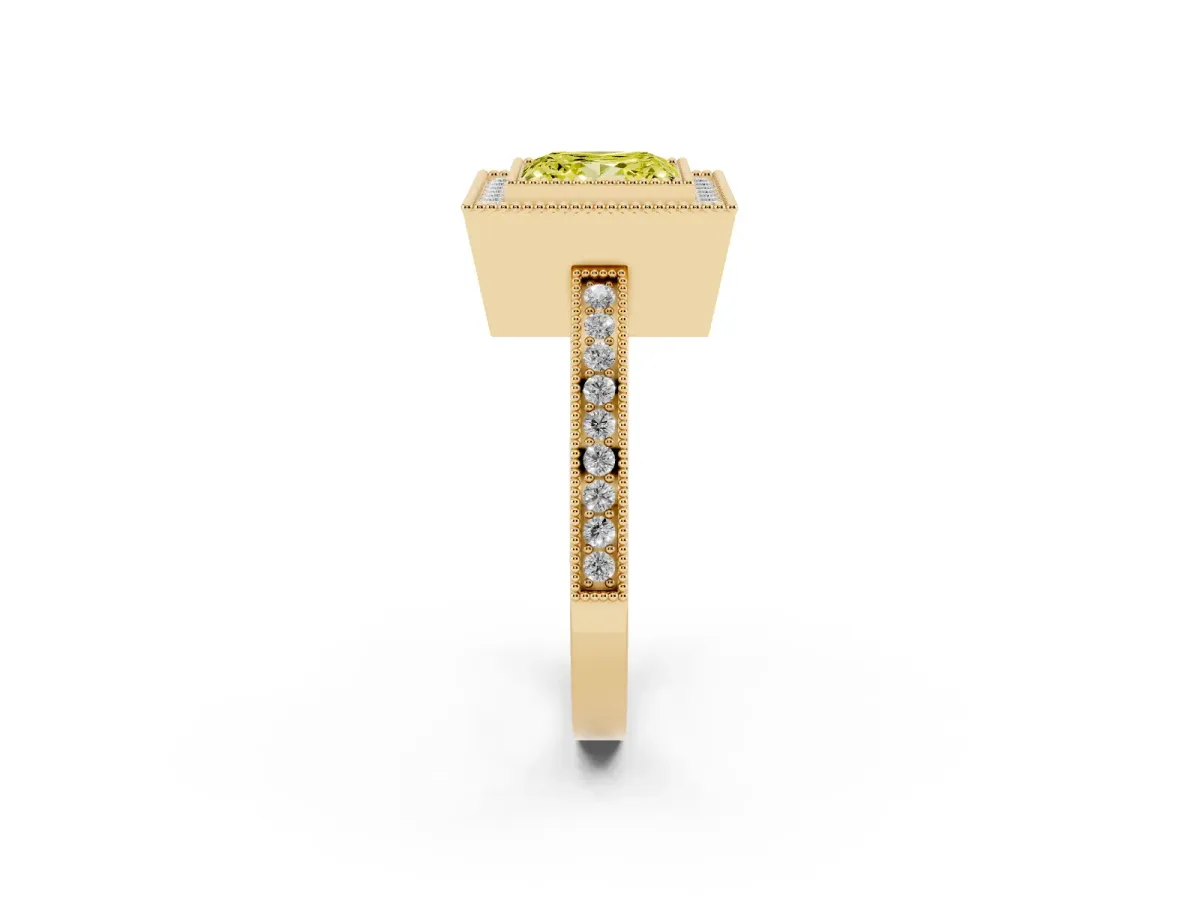 Fancy Yellow Princess Cut Cut Halo Diamond Ring with Pavé Band and Milgrain Prong Setting Yellow gold