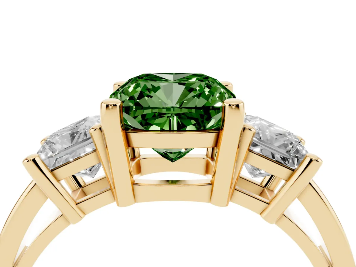 Fancy Green Three-Stone Cushion Cut Cut Solitaire Ring with Prong Setting Yellow gold