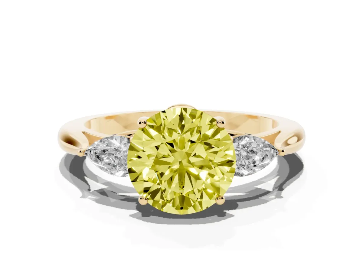 Fancy Yellow Three-Stone Round Cut Brilliant Diamond Solitaire Ring with Tapered Band and Four-Prong Setting Yellow gold