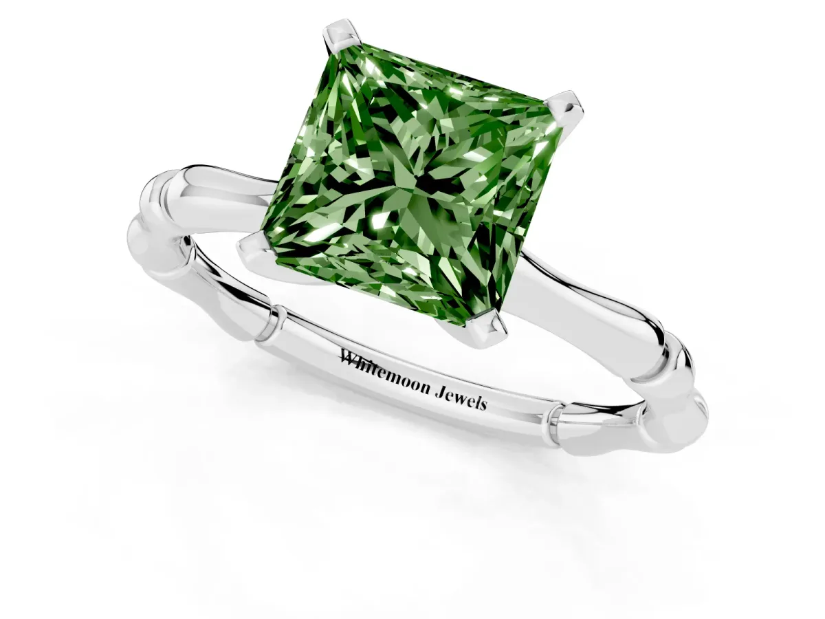 Fancy Green Princess Cut Solitaire Diamond Ring with Bamboo Band and Four-Prong Setting Silver