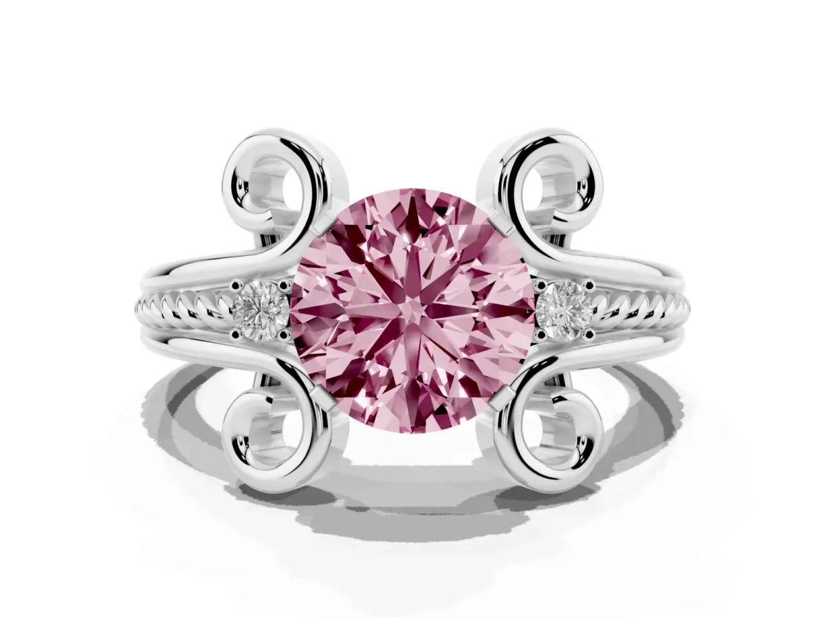 Fancy Pink Round Cut Solitaire Twisted Band Scroll Prong Ring Silver