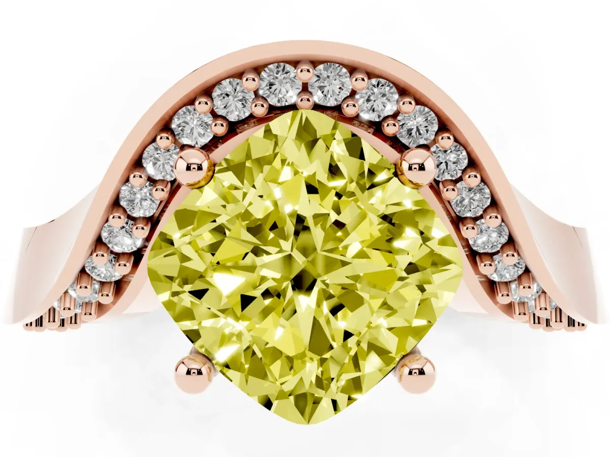 Fancy Yellow Cushion Cut Solitaire Diamond Engagement Ring with Pave Band and Four-Prong Setting Rose gold