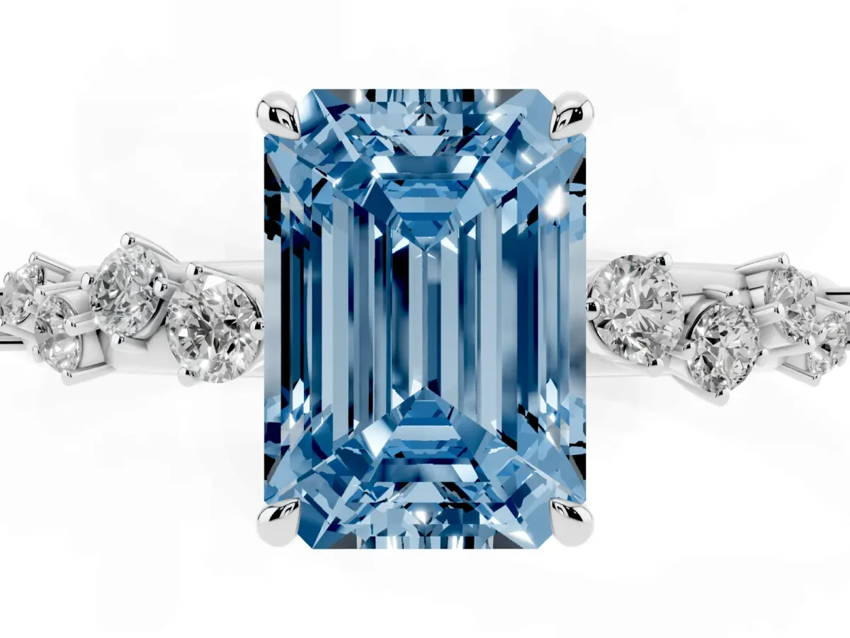 Fancy Blue Emerald Cut Diamond Cluster Prong-Set Solitaire Ring White gold