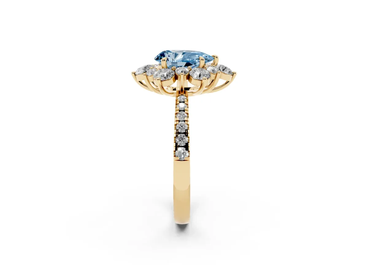 Fancy Blue Pear Cut Diamond Floral Halo Ring with Round Pavé Band and Prong Setting Yellow gold