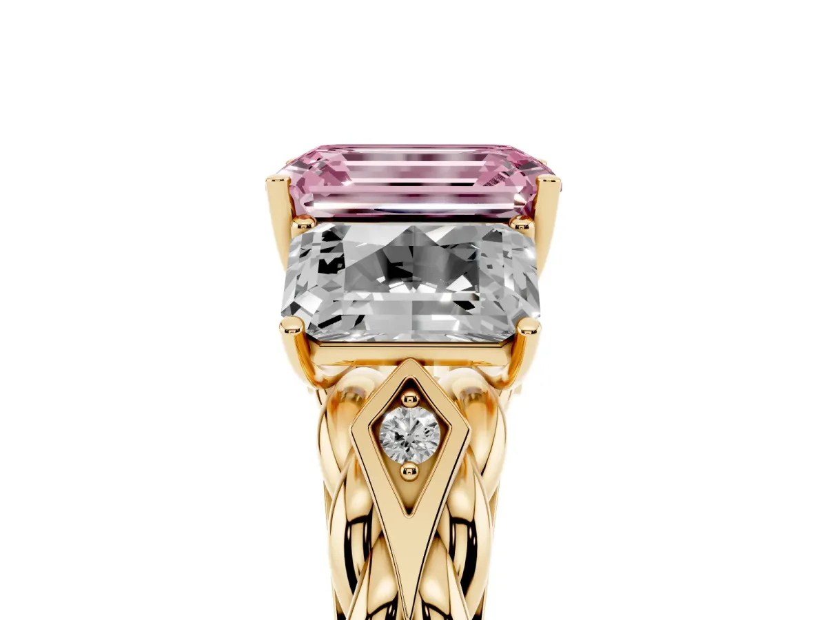 Fancy Pink Three-Stone Emerald Cut Diamond Braided Band Ring with Four-Prong Setting Yellow gold