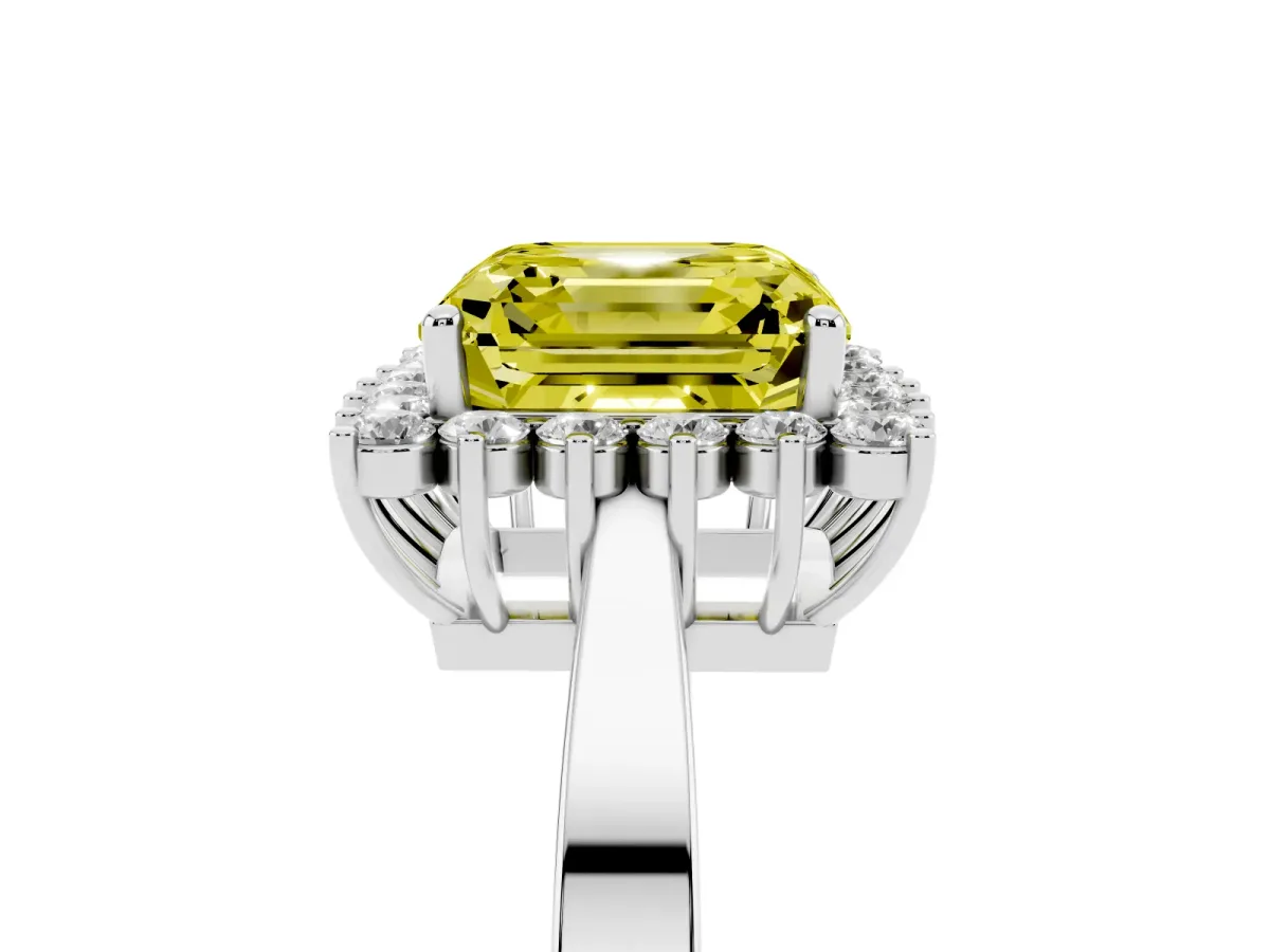 Fancy Yellow Asscher Cut Cut Diamond Halo Ring with Round Brilliant Halo and Solitaire Band Silver