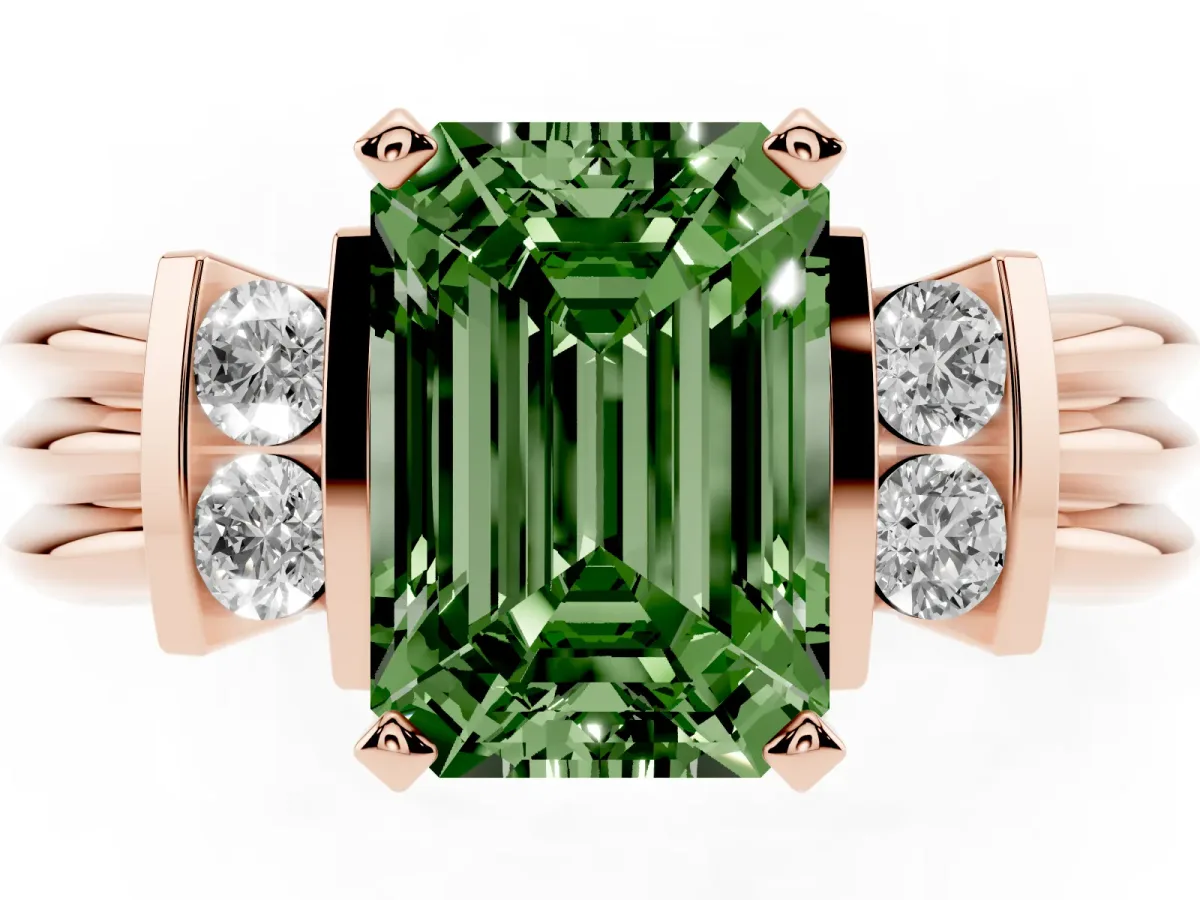 Fancy Green Emerald Cut Cut Three-Stone Channel Set Ring with Bar Prongs Rose gold