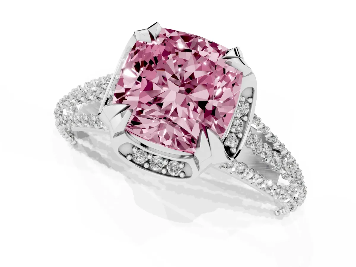 Fancy Pink Cushion Cut Solitaire Pave Split Shank Ring with Four-Prong Setting Silver