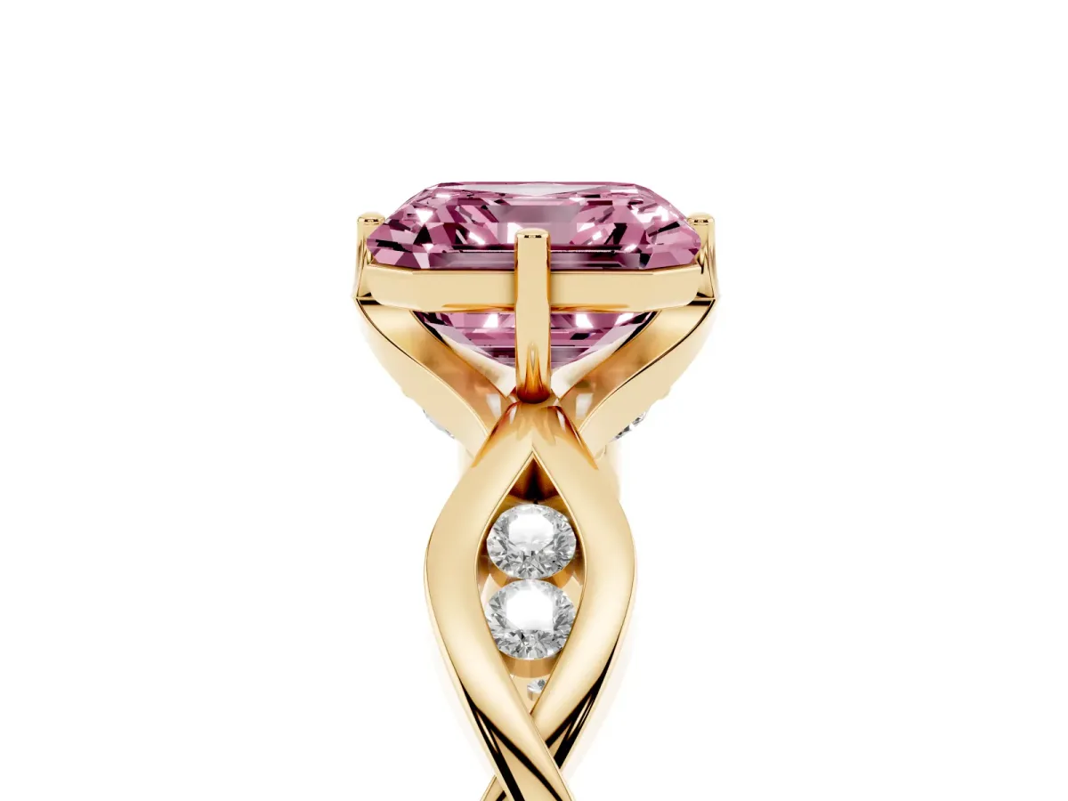 Fancy Pink Asscher Cut Solitaire Twist Band with Leaf Prong Setting Yellow gold
