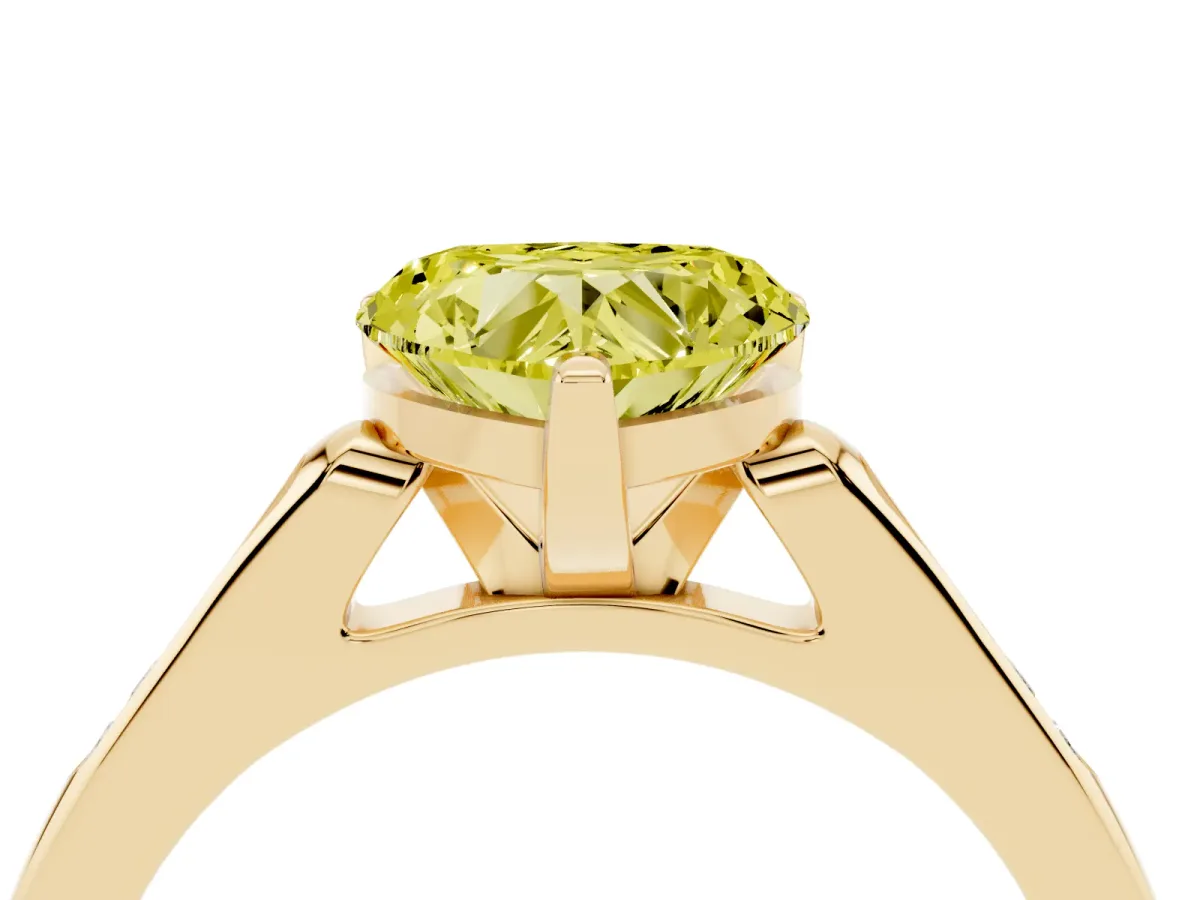 Fancy Yellow Heart Cut Diamond Solitaire Ring with Channel Set Round Band and Prong Setting Yellow gold