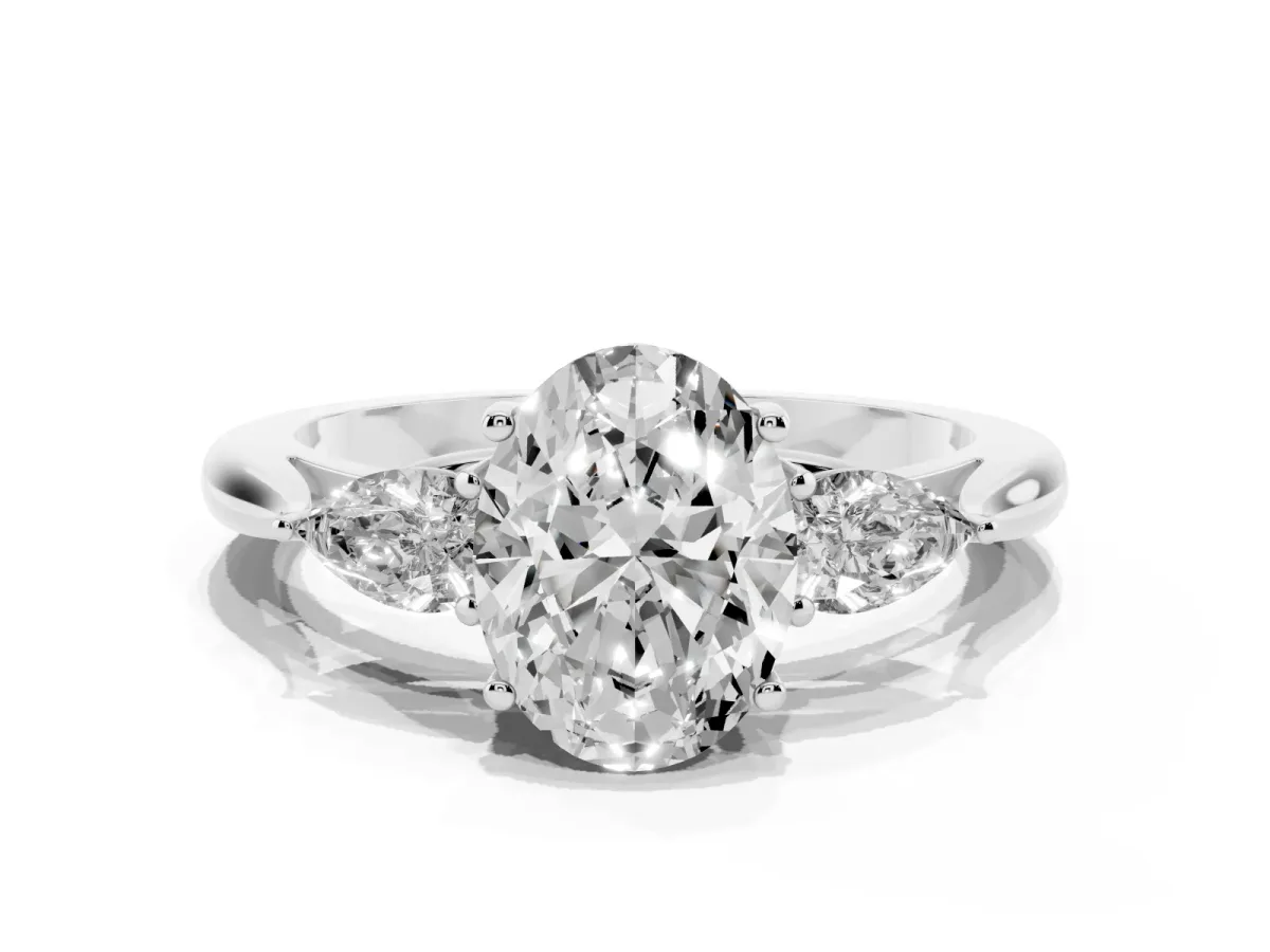 Three-Stone Oval Cut Brilliant Diamond Solitaire Ring with Tapered Band and Four-Prong Setting Silver