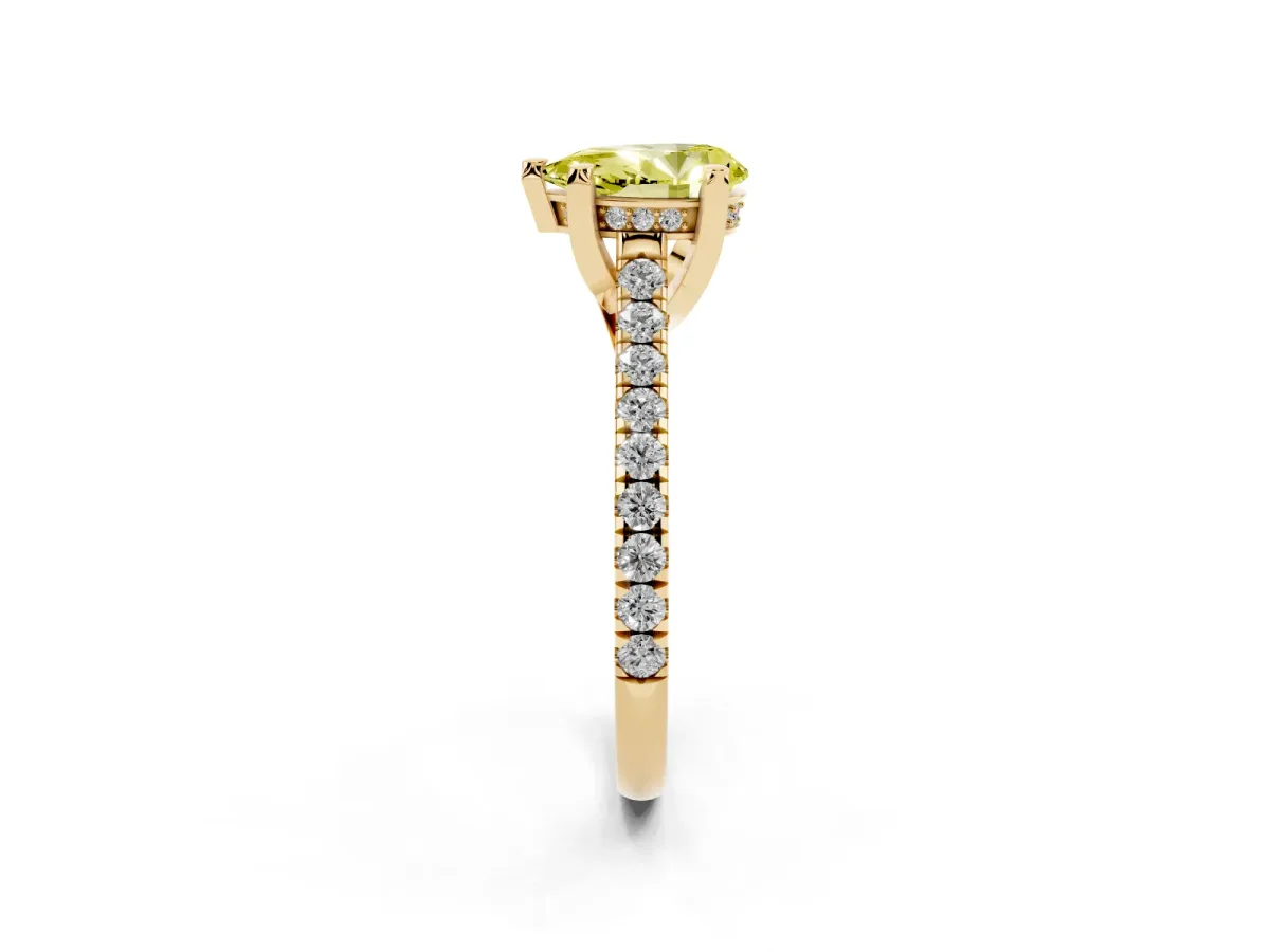 Fancy Yellow Pear Cut Brilliant Diamond Solitaire with Pavé Band and Four-Prong Setting Yellow gold