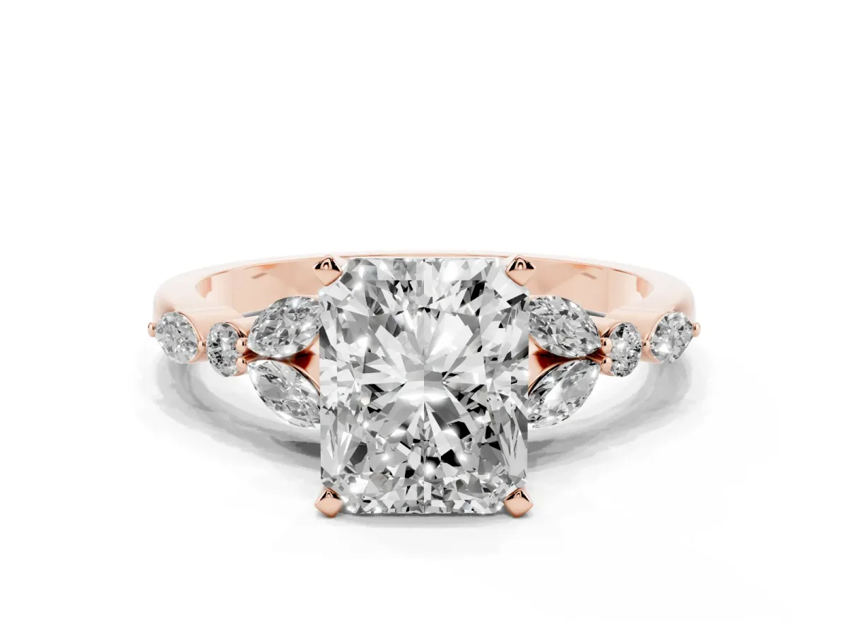 Radiant Cut Diamond Solitaire Ring with Side Stones and Four-Prong Setting Rose gold